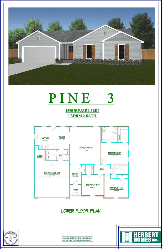 Pine 3 home floor plan and exterior rendering